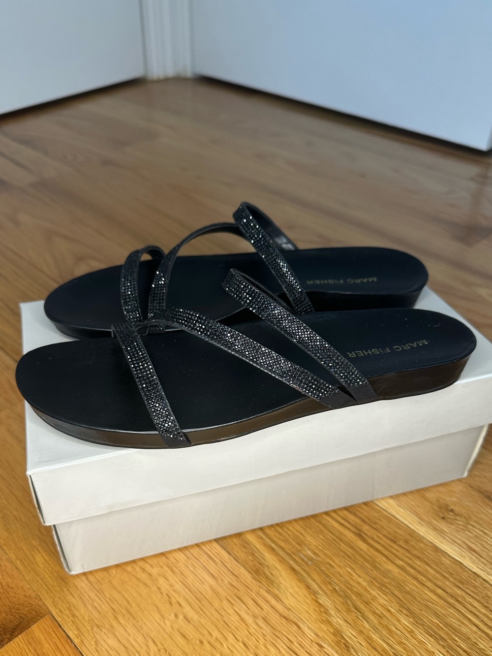 NEW! Marc Fisher Black Rhinestone Strappy Sandals
